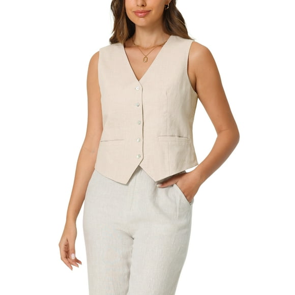 Chaleco sin mangas de lino para mujer Inspire Chic, con botones, escote en V, formal, talla XL, color beige