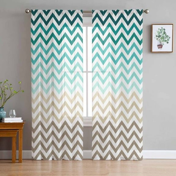Turquoise Brown Sheer Curtains 63 Inches Length 2 Panels Set, Window Sheer Curtains for Living Room/Bedroom, Gradient Geometric Stripes Chevron Wave Light Filtering Rod Pocket Curtain 52'' x 63'' x 2