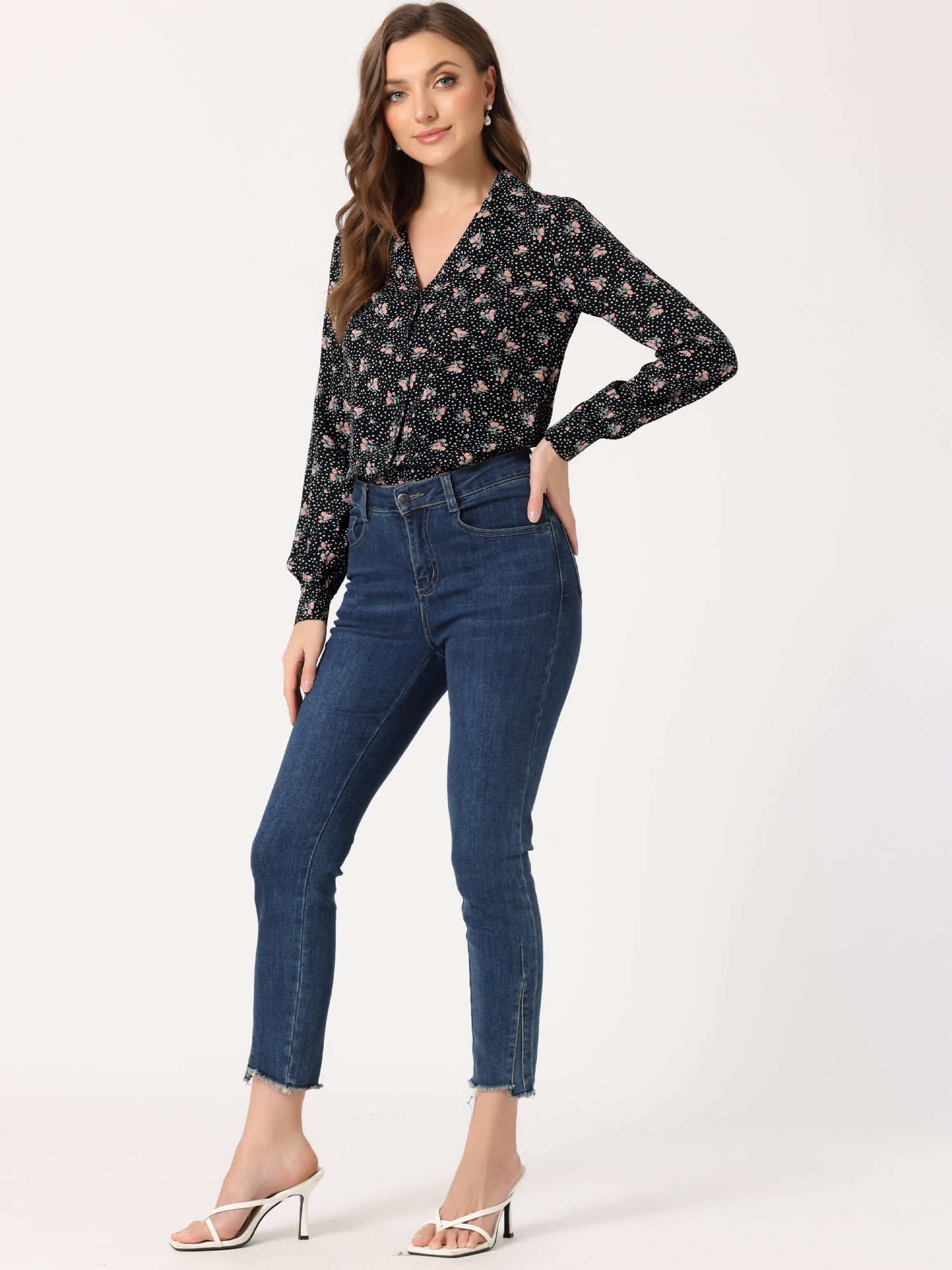 DARING DIVA Women's Valentine Long Sleeve Printed Button Down Tops XL Black Floral