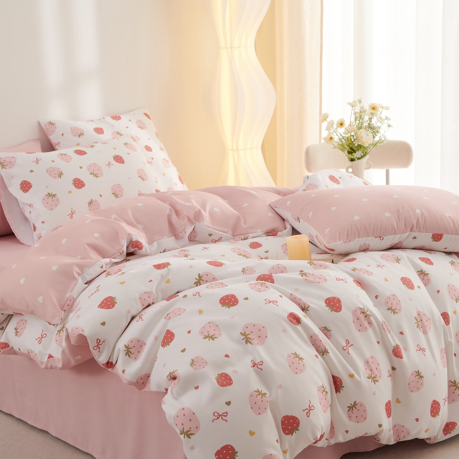2 Pieces Strawberry Duvet Cover Set Twin Size Cute Pink Strawberry Hearts Bedding Set, Lightweight & Breathable Perfect for Girls