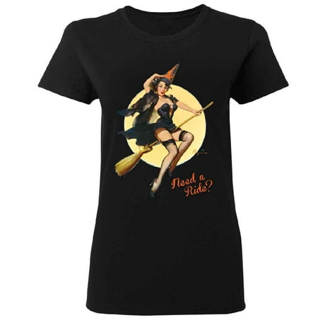 Pin up Girl Witch Need a Ride? Women's T-shirt Tee Black Small