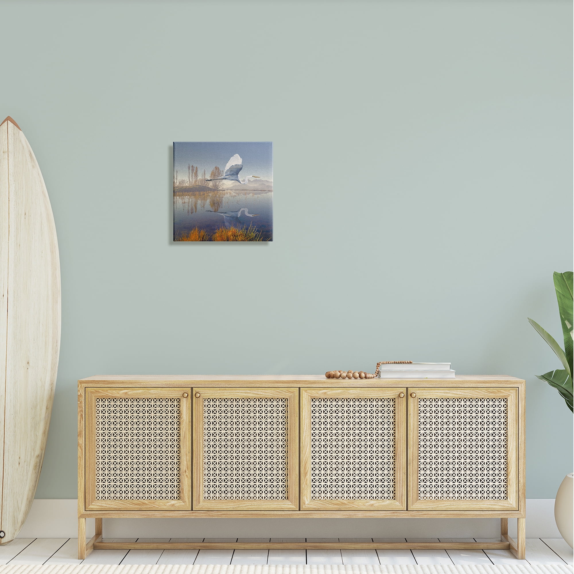 Stupell Heron Flying Lake Reflection Landscape Painting Gallery Wrapped Canvas Print Wall Art