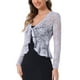 thumbnail image 4 of Cárdigan de encaje floral para mujer Inspire Chic con lazo en la parte delantera, dobladillo con volantes, bolero transparente corto, talla XS, gris polvo, 4 of 6