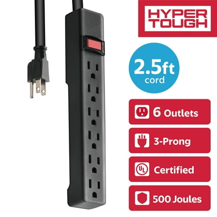 Hyper Tough Surge Protector Power Strip, 6 Outlets, 2.5 ft Extension Cord, 3 Prong, Grounded, Black