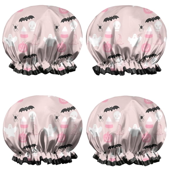 Shower Caps,Halloween Ghosts Pumpkins and Bats Waterproof Shower Cap for Women 4 Pieces,Double Reusable Hair Cover for Shower PEVA Elastic Stretch Hem