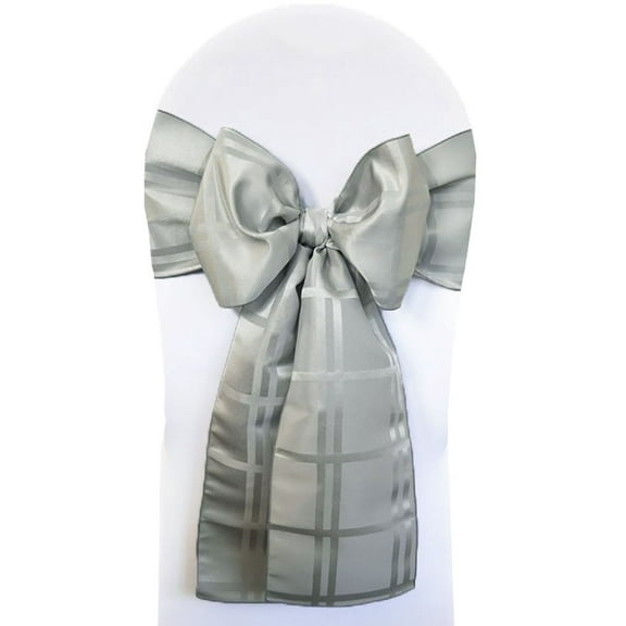 Wedding Linens Inc. (5pcs) 7.5"x 108" Plaid Checkered Pattern Design Polyester Jacquard Chair Sashes Chair Bow Ties - Silver