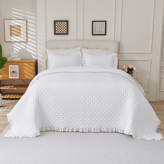 Karials King Bedspread Set 3-Piece - Reversible White Quilted Coverlet with 2 Pillow Shams, Lightweight Soft Microfiber Quilt Bedding Set for All Seasons, Durable Stitching, Machine Washable