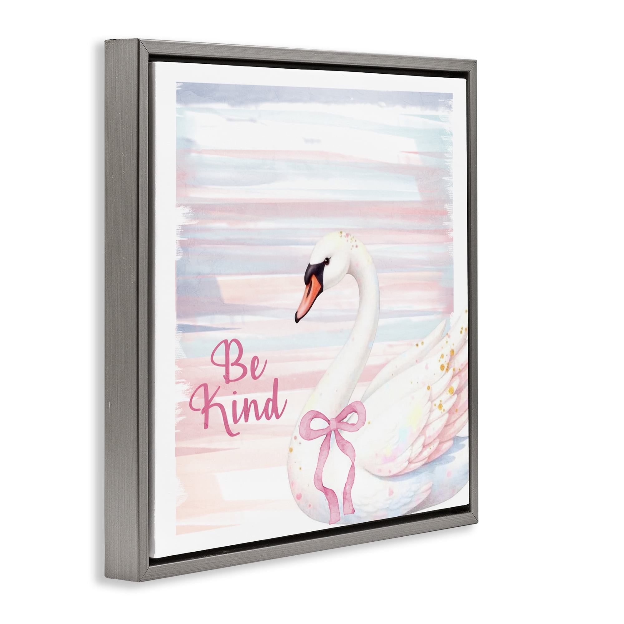 Be Kind Pastel Swan Gray Framed Floater Canvas Wall Art, design by Kim Allen