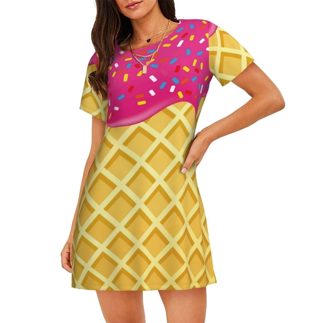 Balery Red Ice Cream Camisón de manga corta con cuello redondo para mujer, cómodo y elegante.