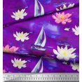 thumbnail image 2 of Soimoi Purple Cotton Poplin Fabric Yacht & Lotus Flower Print Fabric by The Yard 56 Inch Wide, 2 of 3