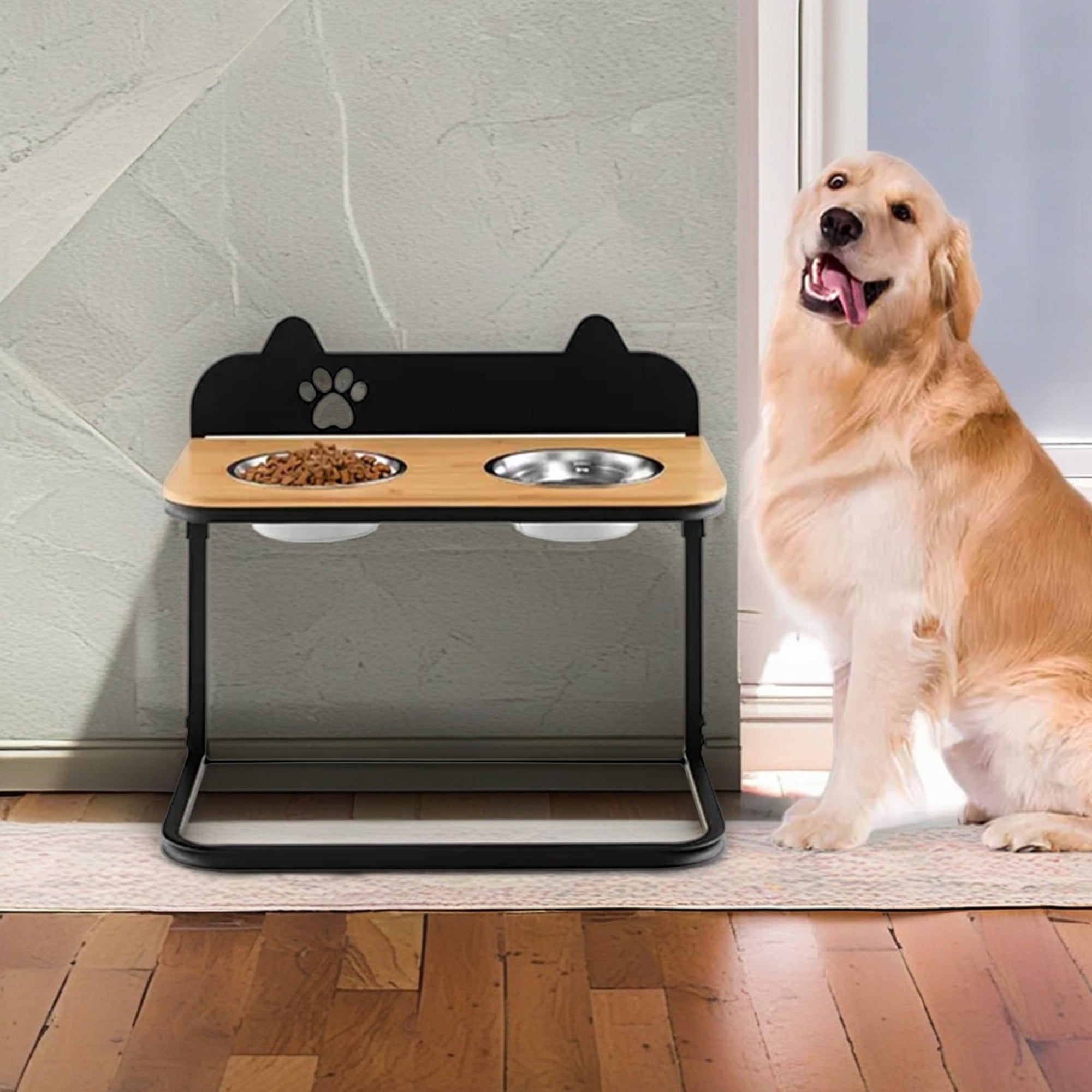 Kadyn 12"-16" Elevated Pet Feeder with 2 Stainless Steel Dog Bowls for Feeding Small Medium Dogs Cats Puppies, Black