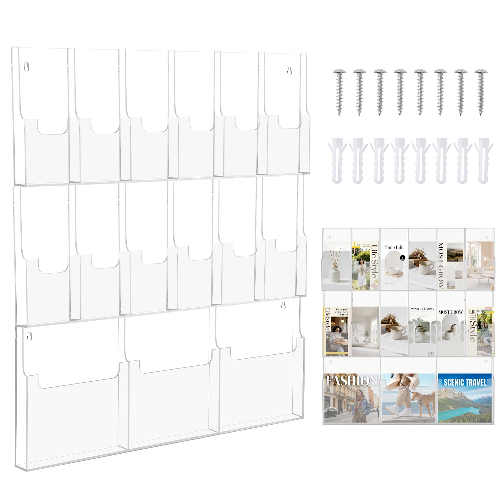 SHegdu 15 Slot Acrylic Brochure Pamphlet Holder Wall Mount Acrylic Trifold Brochure Holder 3 Magazine 12 Pamphlet Pockets Wall Pocket Organizer 10/5inches for Home Office