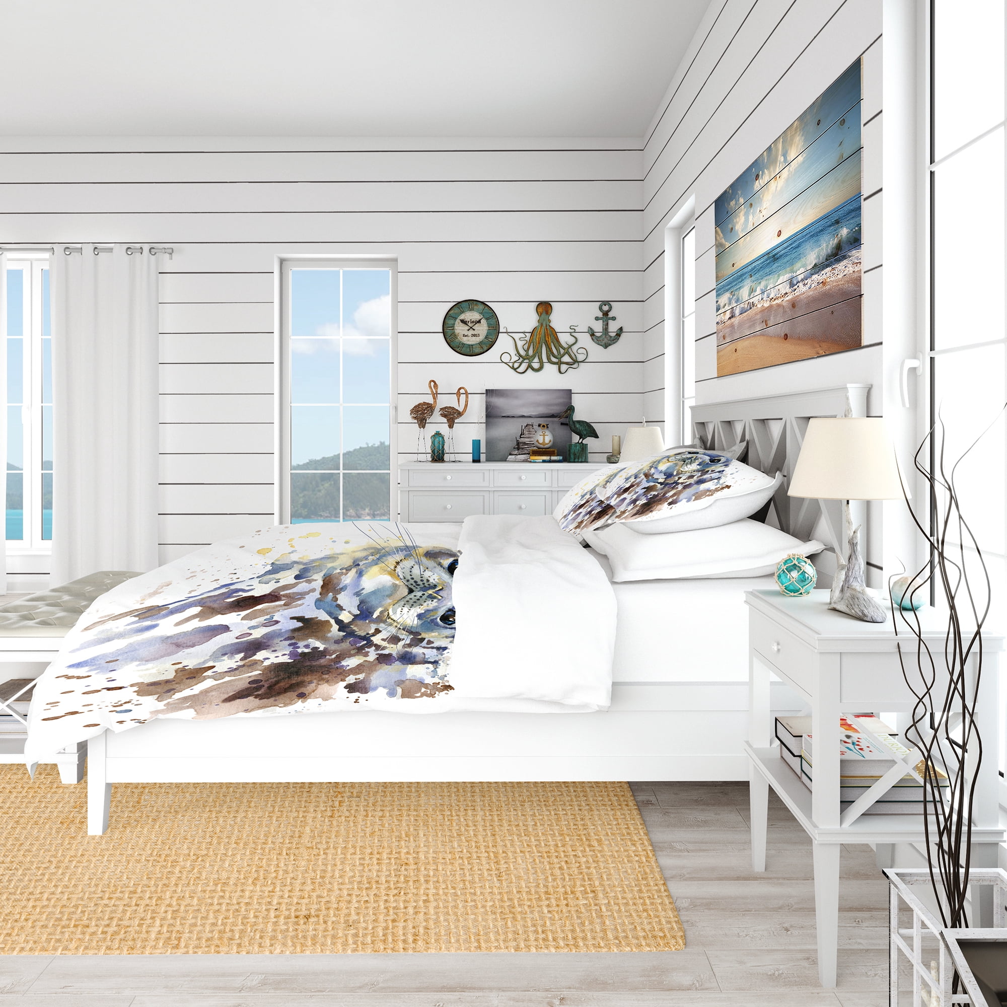 Designart 'Blue Marine Seal Watercolor' Nautical & Coastal Duvet Cover Set