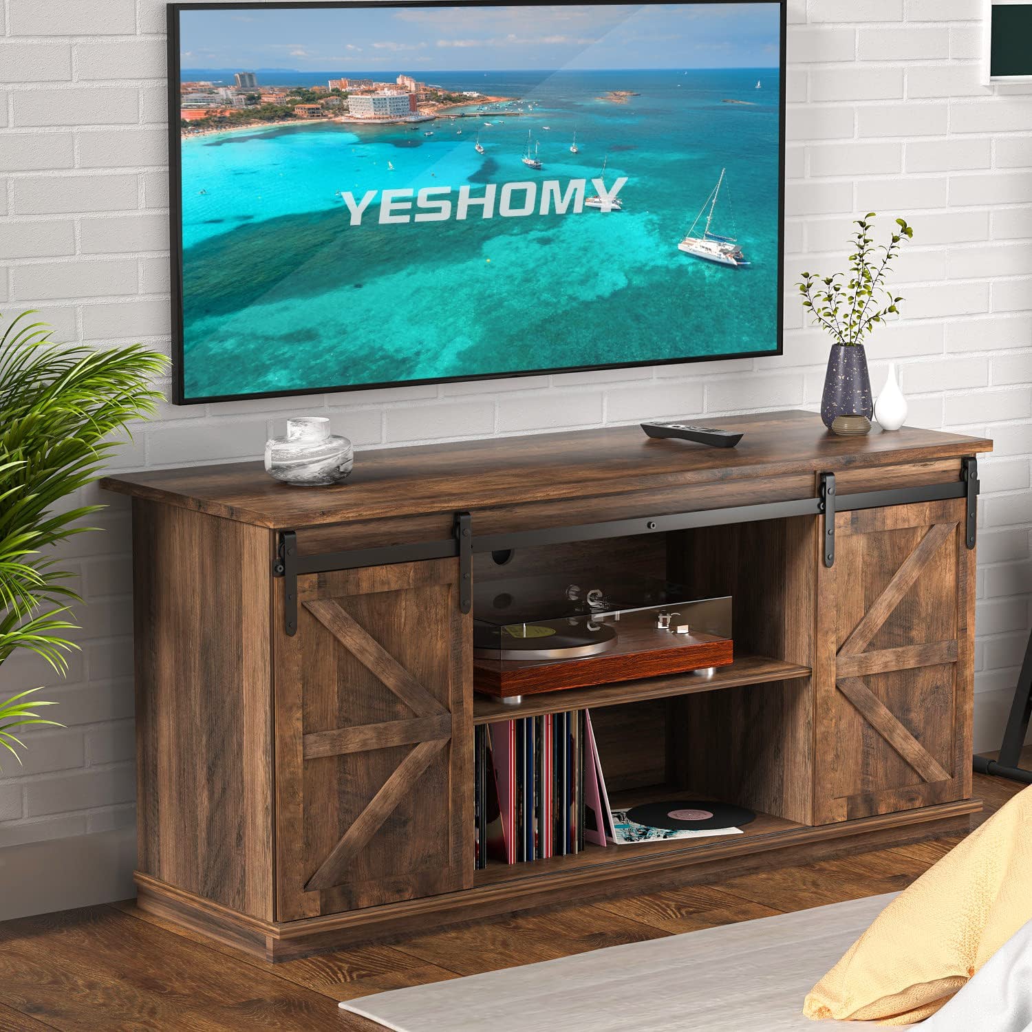 YESHOMY Farmhouse TV Stand for Televisions up to 65+ Inch with Sliding