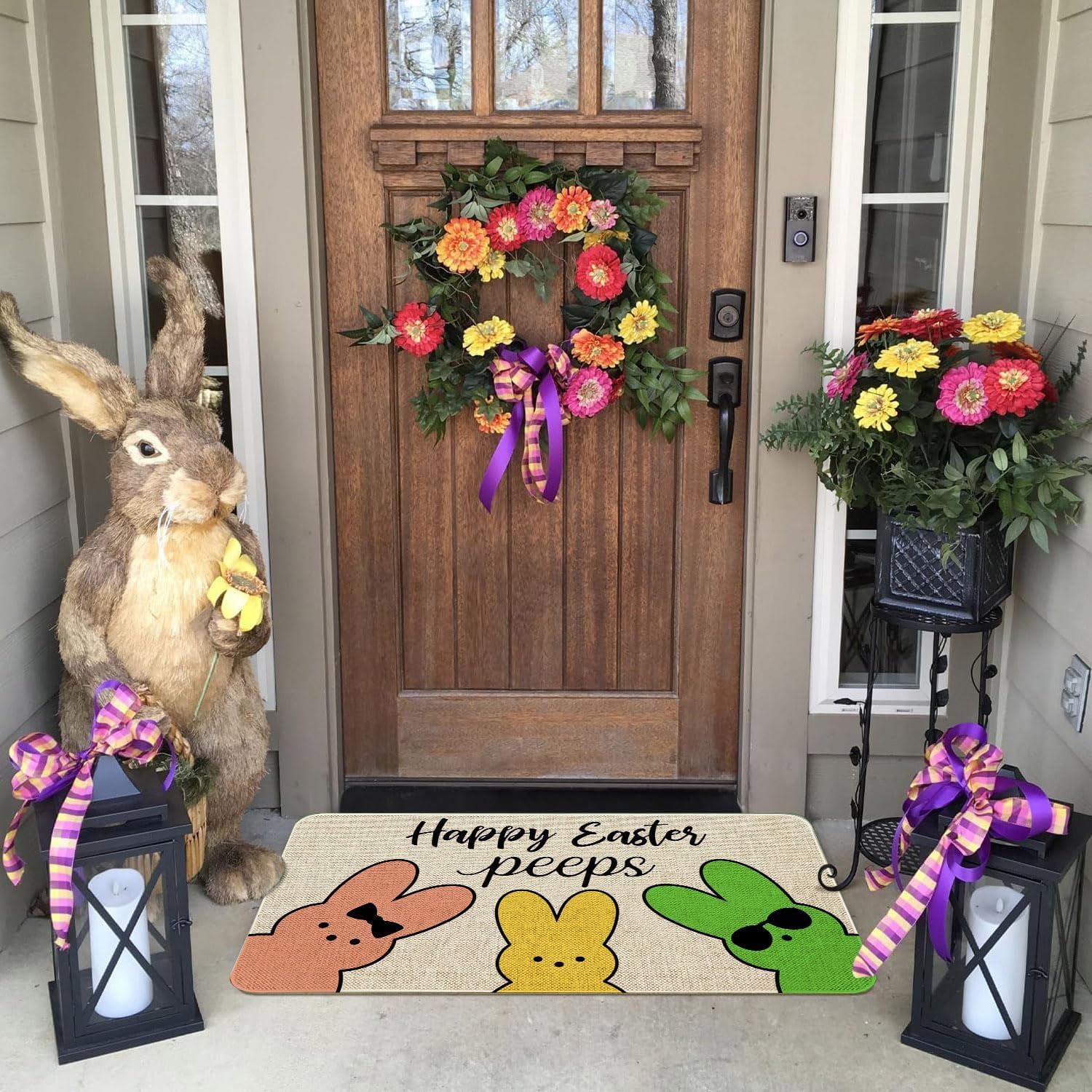 Easter Bunny Welcome Peeps Door Mat 30x17 - Non-Slip Indoor Outdoor Doormat Entrance Floor Mat for Easter Decor Rubber Mats
