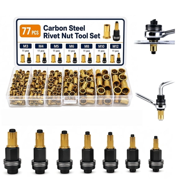 77-Piece Carbon Steel Rivet Nut Tool Kit, M3-M12, Manual Wrench or Drill Use