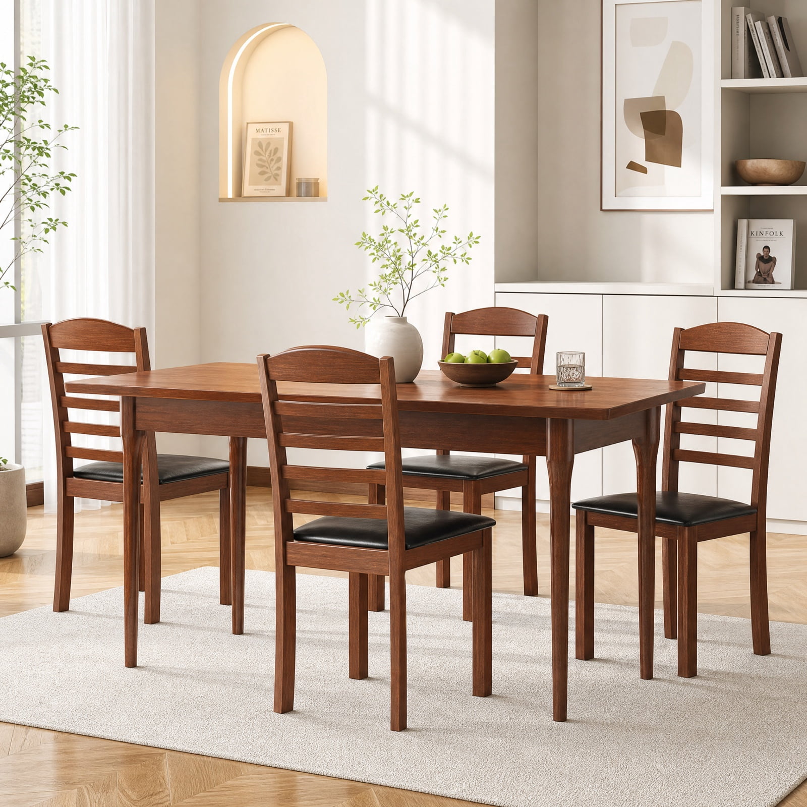 Furnibear Set of 2 Wood Kitchen Chairs with Faux Leather Upholstered Seat and Ergonomic Backrest for Dining Room and Restaurant, Black