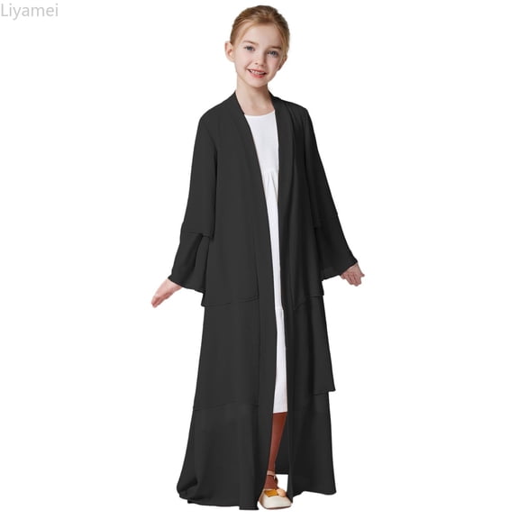 Liyamei Kids Muslim Chiffon Abaya For Girls Open Front Cardigan Dress Robe Girls Casual Dresses 5-6 Years