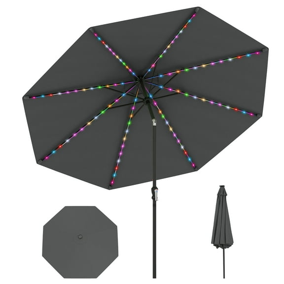 Gymax 10 FT Solar Patio Umbrella w/96 Multi-colored LED Lights & 9 Modes Vented Top Gray
