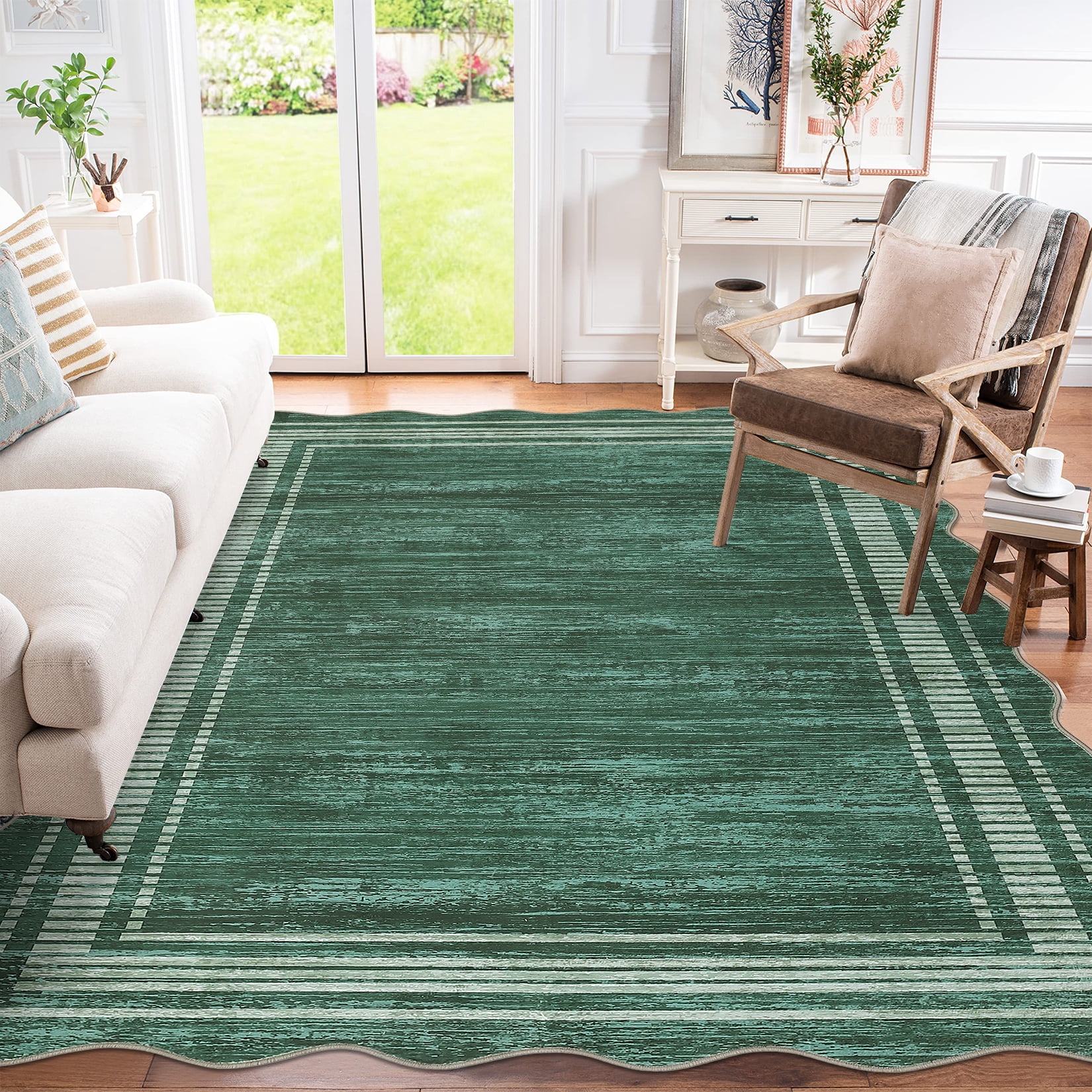 COZONY 10'x13' Modern Scalloped Washable Area Rug, Non-Slip Low-Pile Carpet for Living Room, Dining Area, Green