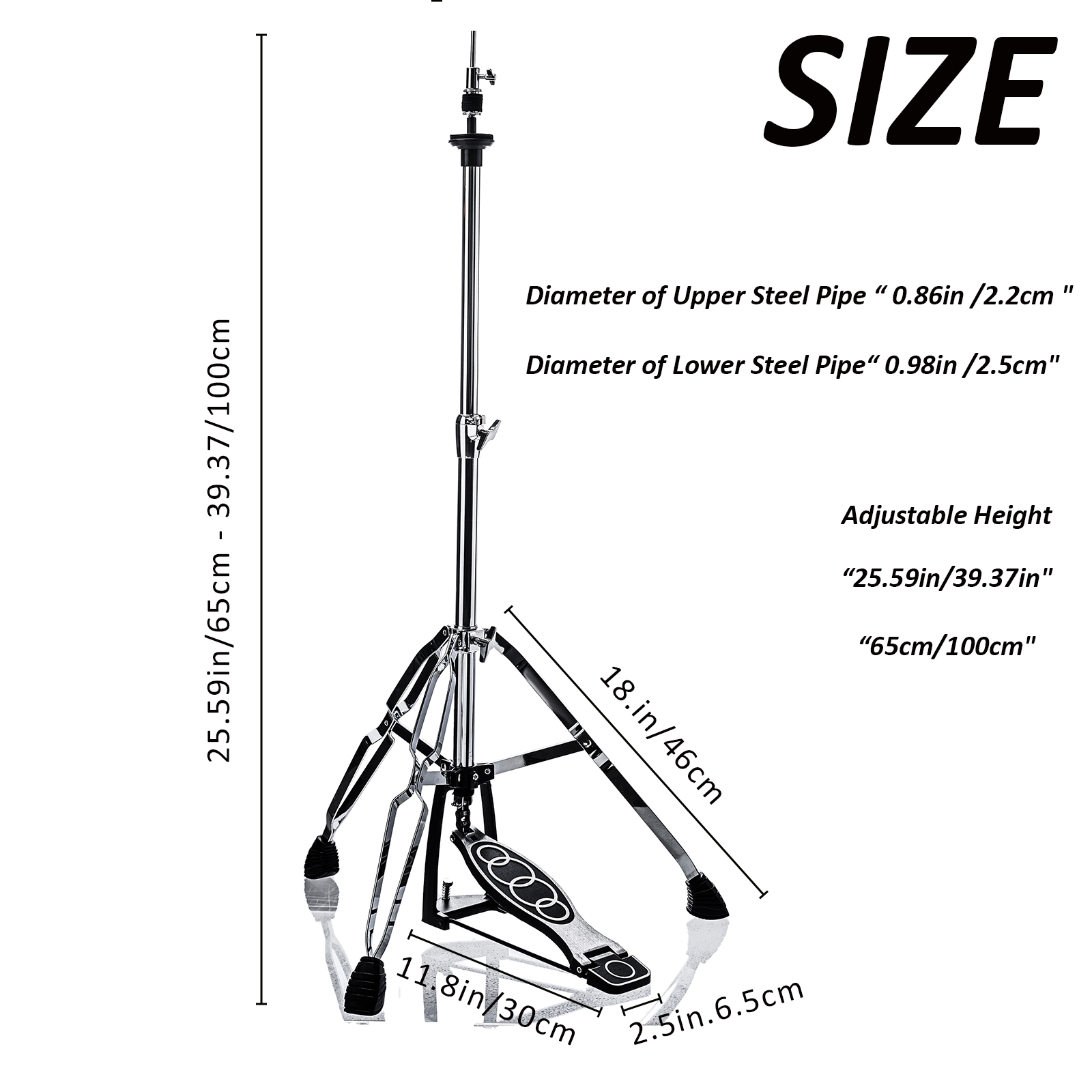 Vaisoeny Hi Hat Stand，Three Legs Hi-Hat Stand，Adjustable Height 23.6" to 39.3", Double Braced High Hat Stand with Widened Non-Slip Rubber Feet (V-CC-YQ06)