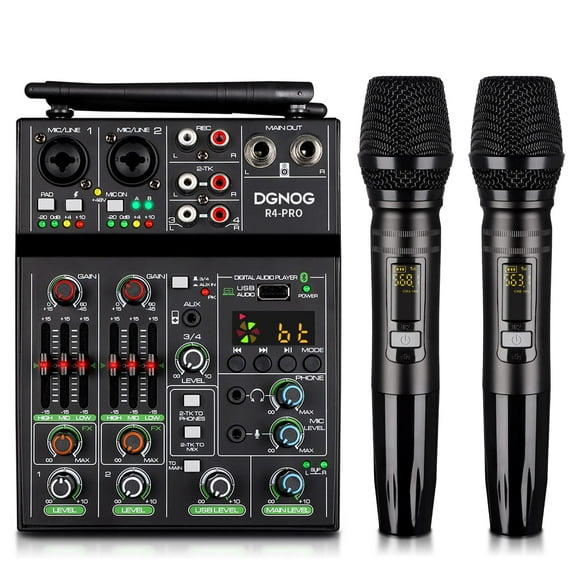 Mezclador de audio profesional, mezclador de sonido de 4 canales con micrófono inalámbrico dual, consola de placa de sonido MP3 Bluetooth 48 V Phantom Power interfaz USB mezcla de DJ para karaoke en c