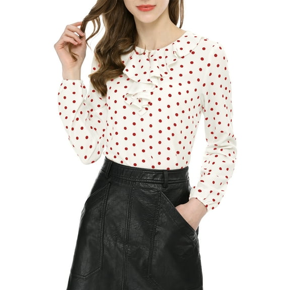 INSPIRE CHIC Women's Valentine's Day Ruffle Neck Long Sleeve Blouse Shirts XS White Red-Dots