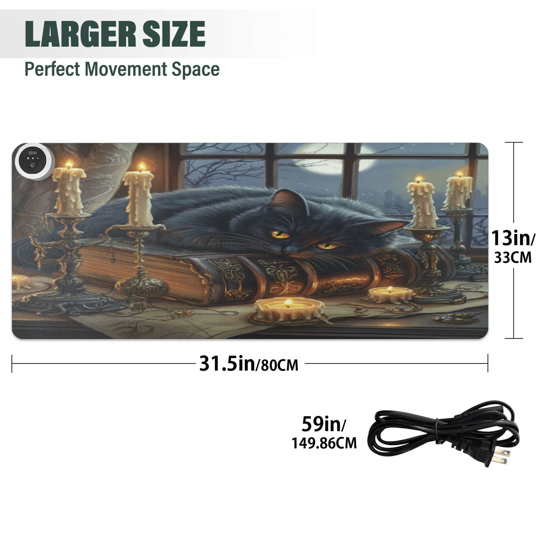 Wobogo Fluffy Black Cat Heated Mouse Pad Extra-Large Desk Mat With 3 Heating Levels and 3-hour Auto Shut-Off Protection Ideal for Computer Keyboards Home Office Hand-warming Essential 31.5in × 13in