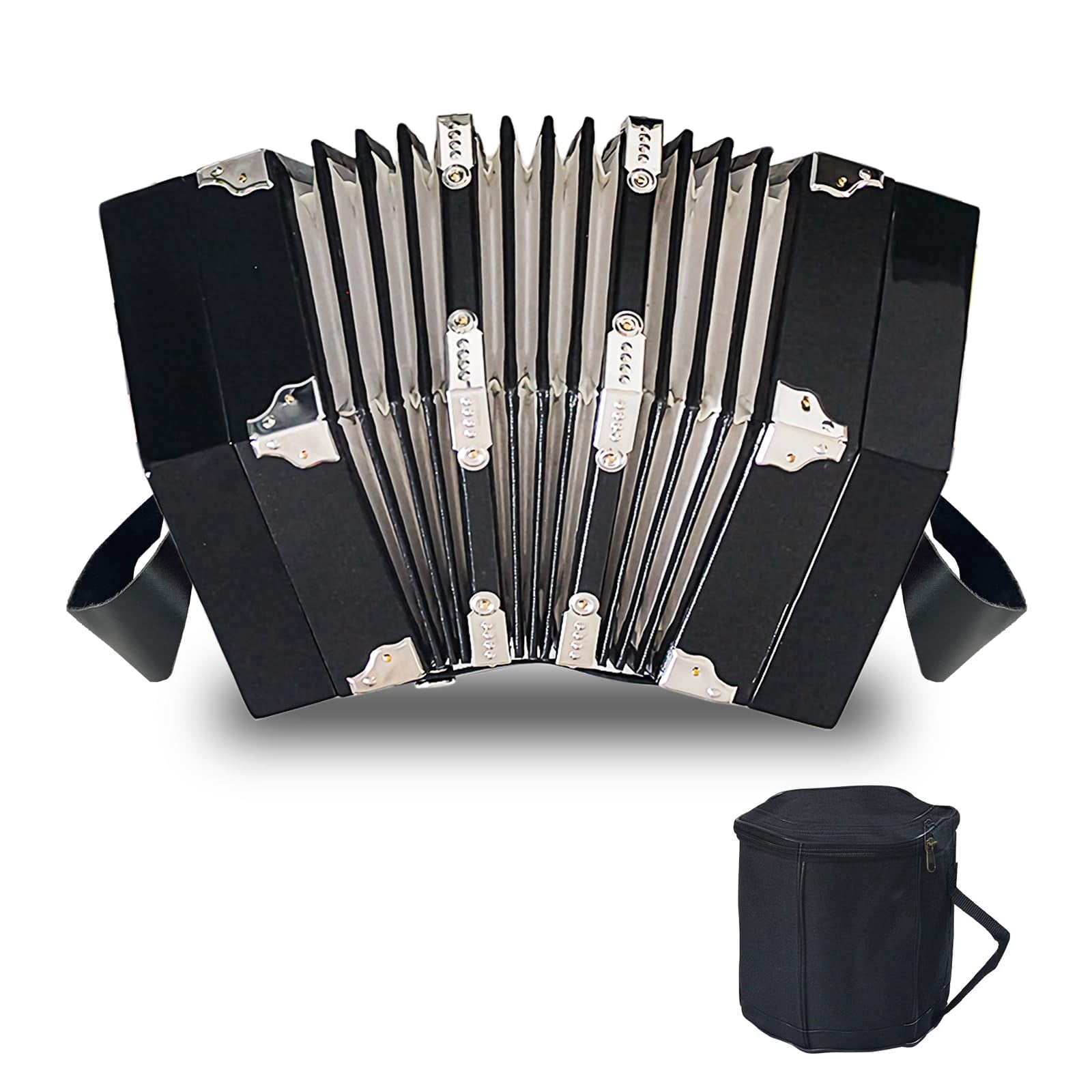 Rowadtim 20-Key Black Concertina Accordion for Adults, Professional Beginner Instrument with Adjustable Hand Straps and Full Accessories