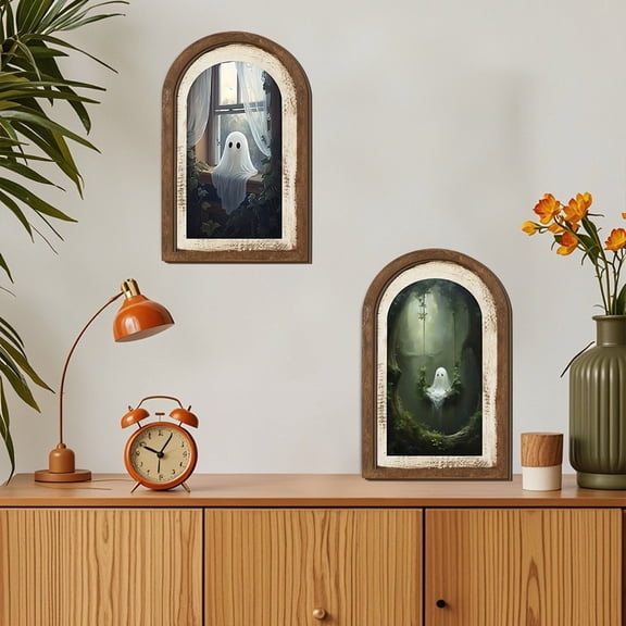 Halloween Ghost Wooden Double-Layer Sign Decoration, Vintage Tabletop Ornament for Wall Hanging Rustic Farmhouse Mantel Shelf Entryway Display