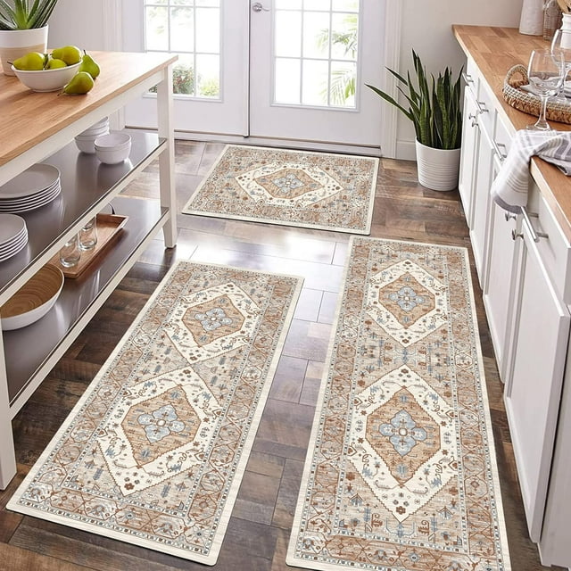SURJDE Boho Kitchen Rugs Sets of 3 Farmhouse Kitchen Runner Rugs and Mats Non Skid Washable Kitchen Mats for Floor Cushioned Waterproof Kitchen Floor Mat Laundry Room Area Rug Runner Carpet