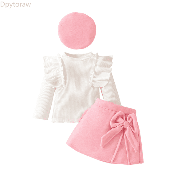 Dpytoraw Toddler Girls Ruffles Long Sleeve Ribbed Tops T Shirt Bowknot Skirts Hat Outfits Back to school outfits 2026 Size Pink 9-12 Months