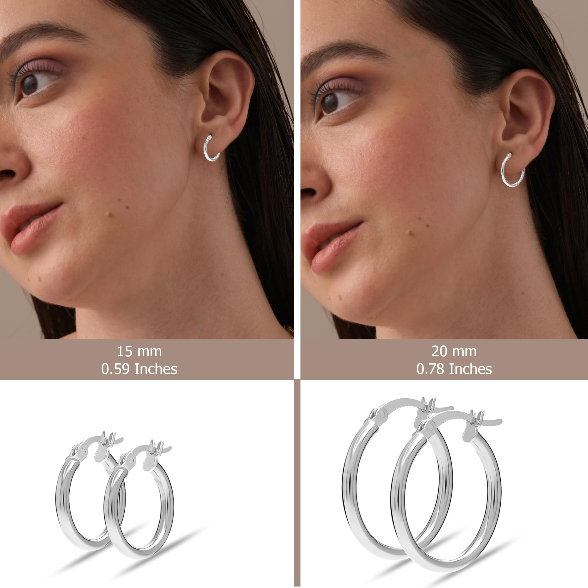 LeCalla 925 Sterling Silver SMALL Hoop Earrings Trendy Jewelry Set of 2 Pairs Classic Italian Click-Top Light-Weight Hoop Earrings for Women and Teen (15MM, 20MM)