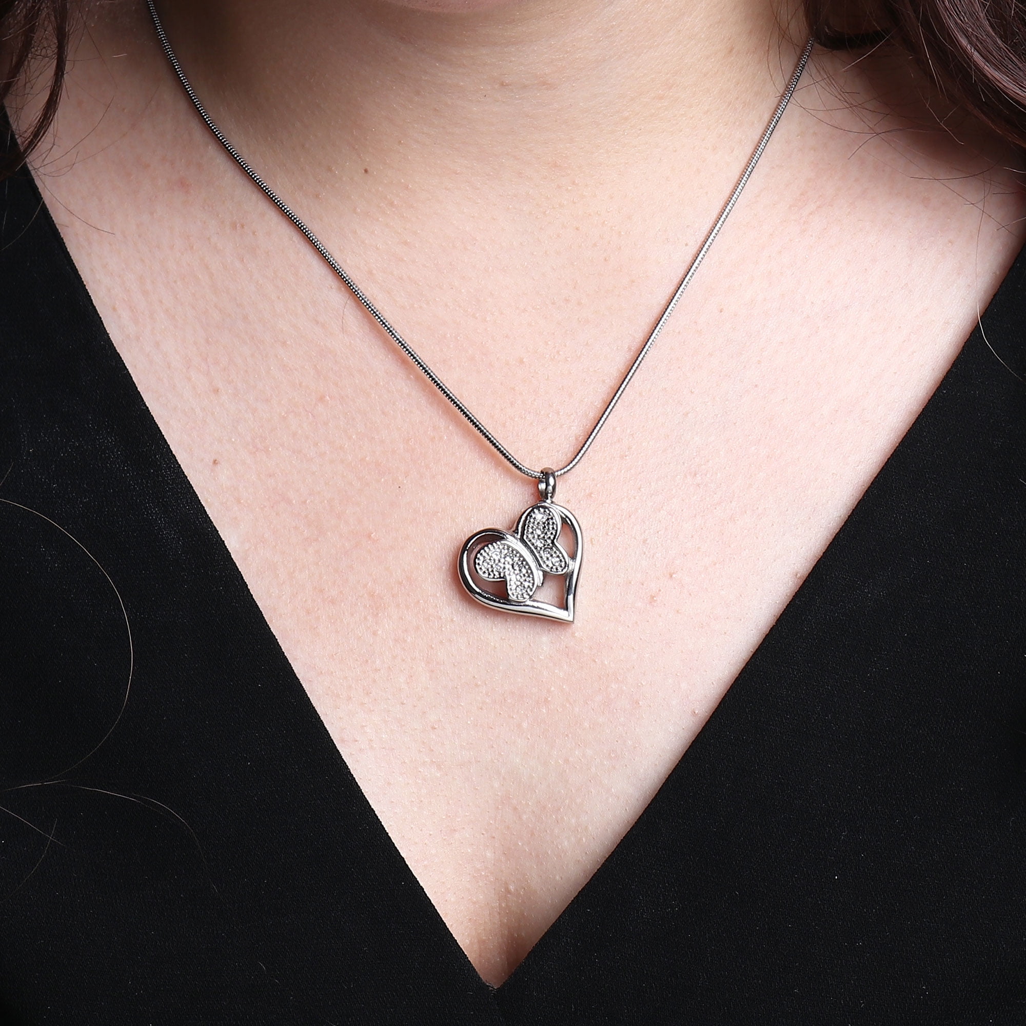 Women's Funeral Stainless Steel Crystal Rhinestone Butterfly Heart Cremation Ashes Holder Keepsake Memorial Pendant Necklace with Funnel Kit and Velvet Jewelry Kit