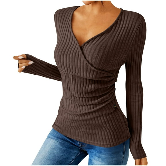 ClodeEU Women's Deep V Neck Wrap Sweater , Casual Fashions Long Sleeve Slim Ribbed Knit Tops Brown,Womens Plus M