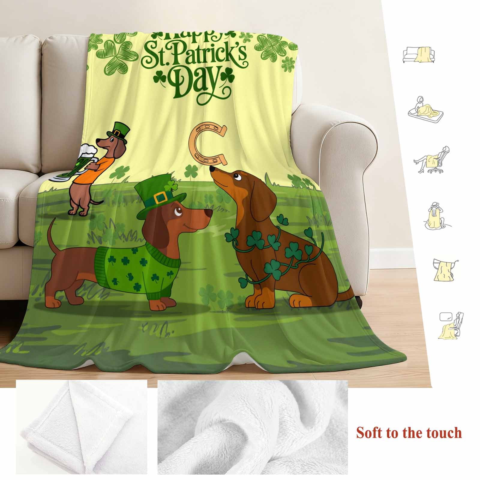 Yellow St. Patrick's Day Blanket Soft Cozy Warm Throw Blanket for Couch, Plush Fuzzy Flannel Fleece Blankets for Sofa, Green Lucky Clovers Dog Bed Blankets Lightweight Gifts for Women, 32"x48"