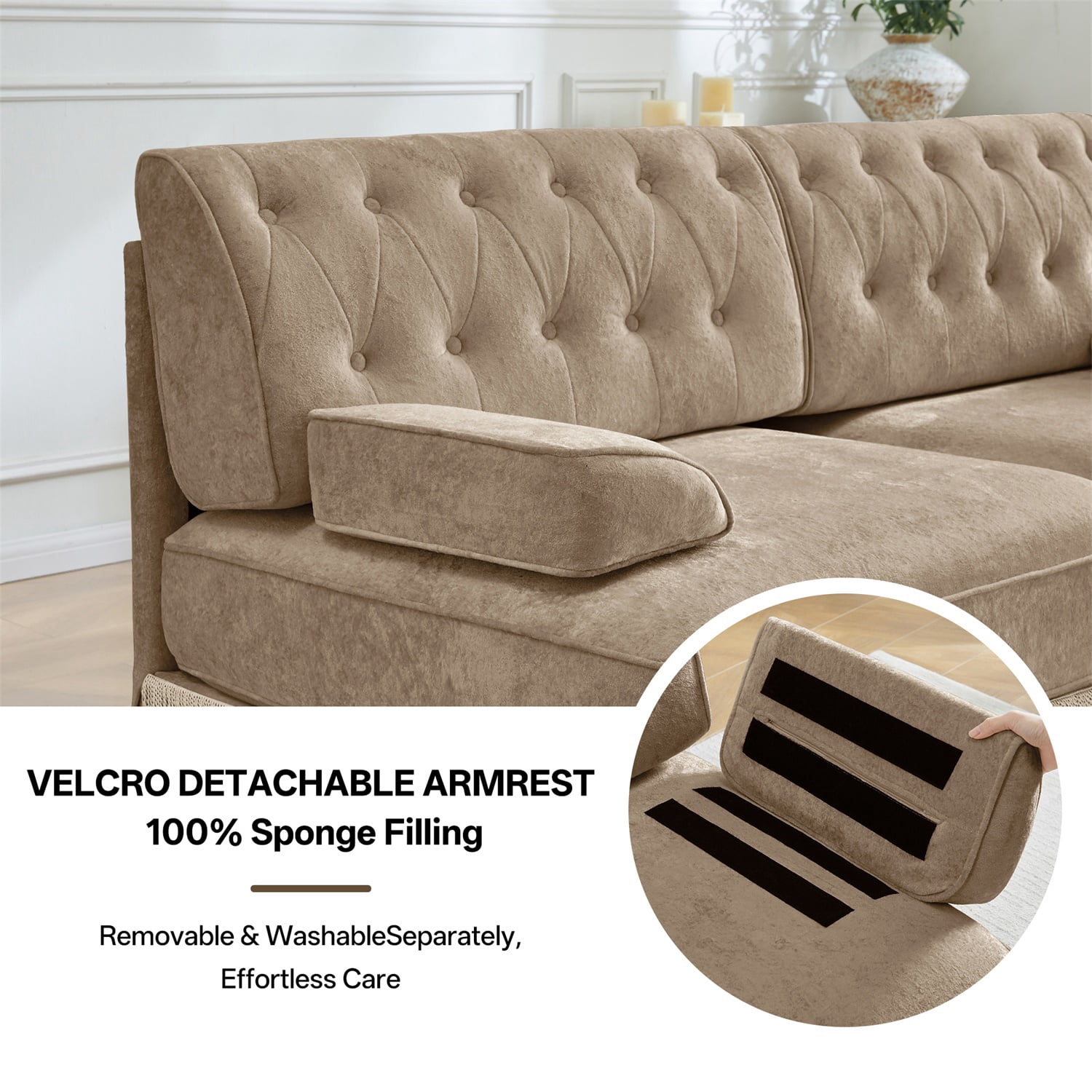 Hommoo 2-Seater Chesterfield Style Velvet Fabric Sofa Couch set with 2 Ottomans, Tufted Button Upholstered Design and Floor-grazing Tassel, Free Combination Sectional Sofa, for Home, Camel