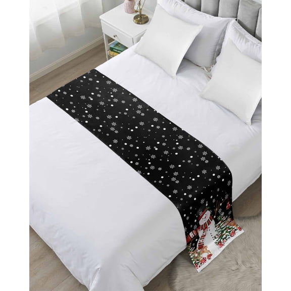 Xipuska Black Snowman Christmas Bed Runners for King Size Bed, Decorative Bed Throws for Foot of Bed, Xmas Tree Ball Snowflake Elk Bed Runner Sofa Throw Bedding Scarf Protector Slipcover for Bedroom