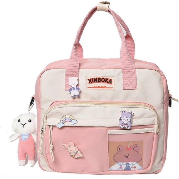 Kawaii backpack with cute pins and plush pendant girl shoulder bag school bag cute backpack travel backpack(Pink)