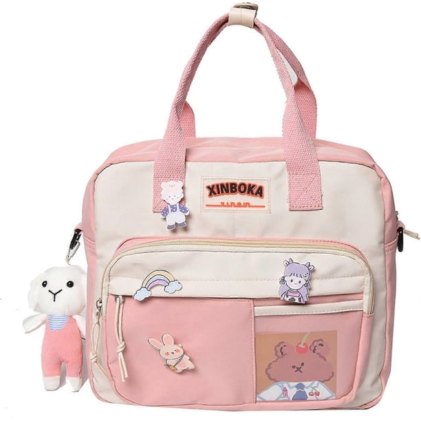 Kawaii backpack with cute pins and plush pendant girl shoulder bag school bag cute backpack travel backpack(Pink)