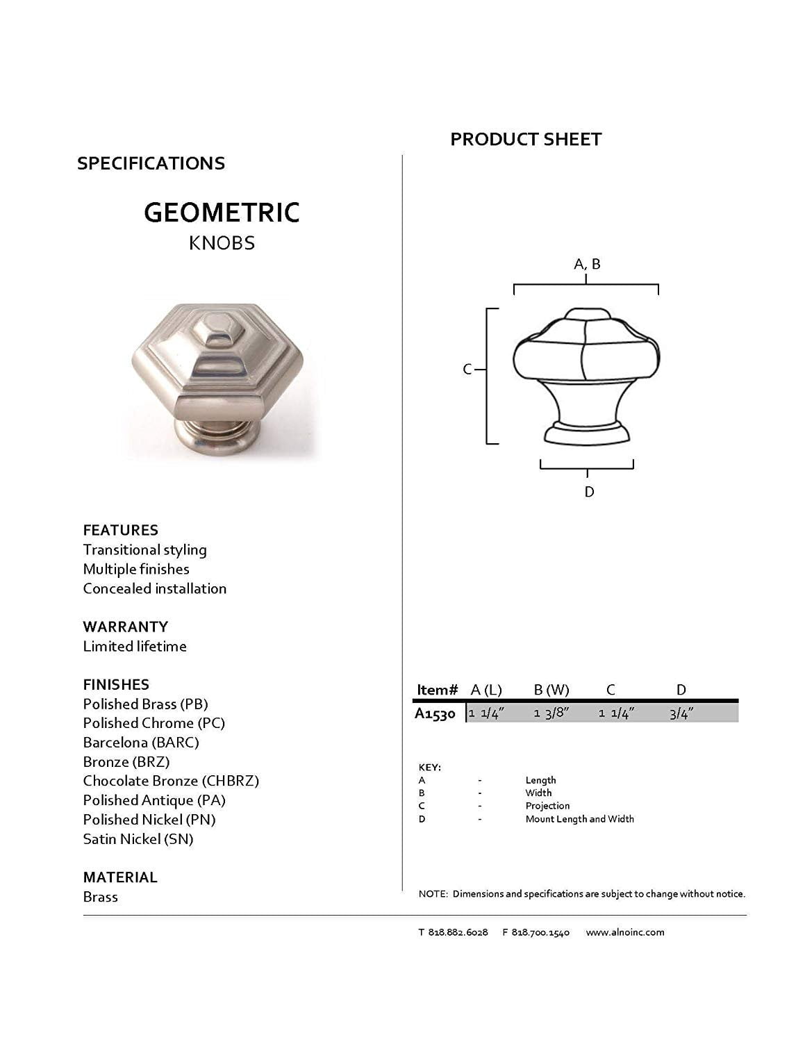 Alno A1530-BARC Geometric 1-1/4" Cabinet Knob Barcelona