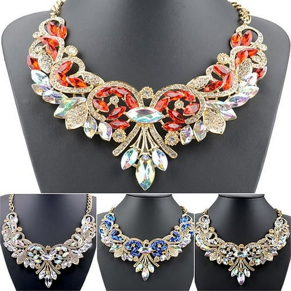 AYYUFE Colorful Rhinestone Flower Pendent Chain Choker Statement Collar Bib Necklace