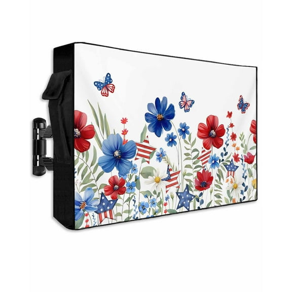 4th of July Outdoor TV Cover 52 to 55 Inch Weatherproof, Independence Day Red Blue Floral Butterfly 600D Oxford TV Covers with Waterproof Zipper, Outside Flat TV Screen Protector Size 52"Wx19"Hx4.5"D