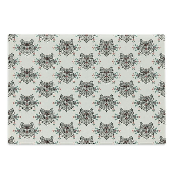 Dog Lover Cutting Board, Wolf Pattern with Design Elements Motifs Geometric, Decorative Tempered Glass Cutting and Serving Board, Large Size, Multicolor, by Ambesonne