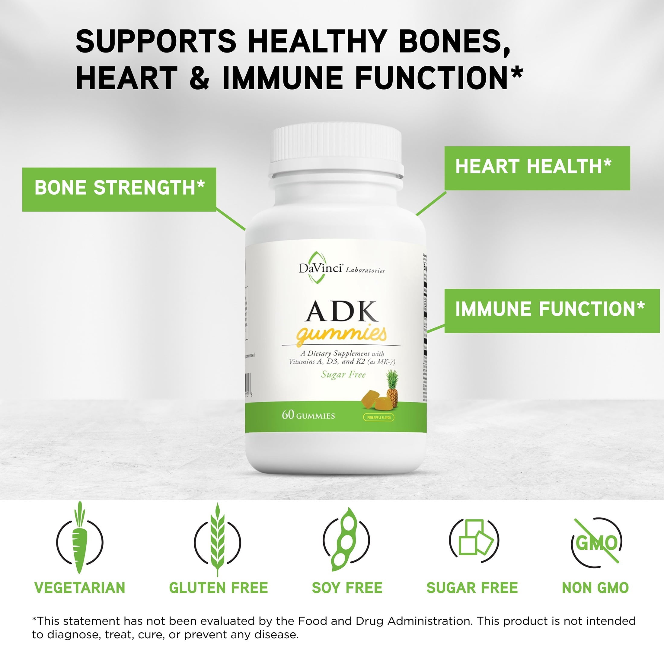 DaVinci Labs ADK Gummies Sugar-Free, Pineapple Flavored Allulose Gummy Vitamin Supports Bone, Heart, and Immune Health Vegetarian, Gluten-Free, 60 Count