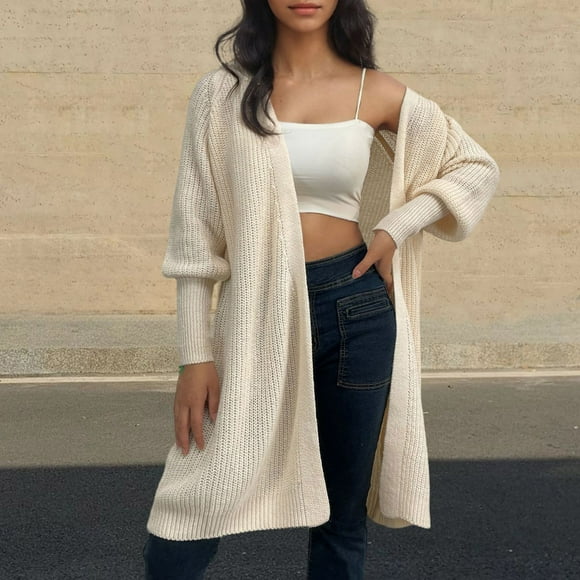 WRKEKC Women's Cashmere Blend Long Duster Cardigan Belted Waist Button Front Mid-Length Knit Sweater Coat for Fall Winter White S
