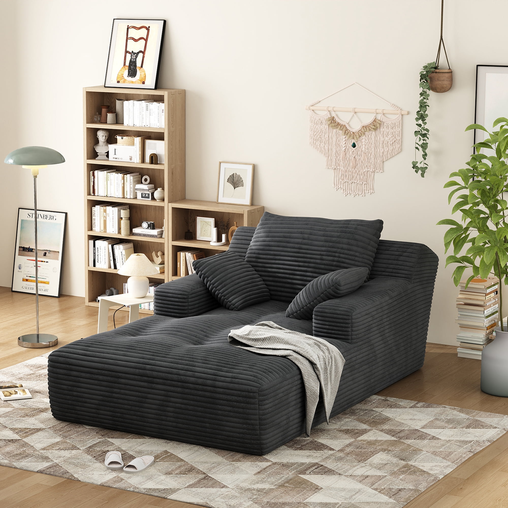 67'' Oversized Chaise Lounge Chair Indoor, Cloud Plush Corduroy Upholstered Sofa Bed, Modern Deep Seat Sofa with Back Cushion, Pillows, Cozy Sleeper Couch for Living Room, No Assembly Required, Grey
