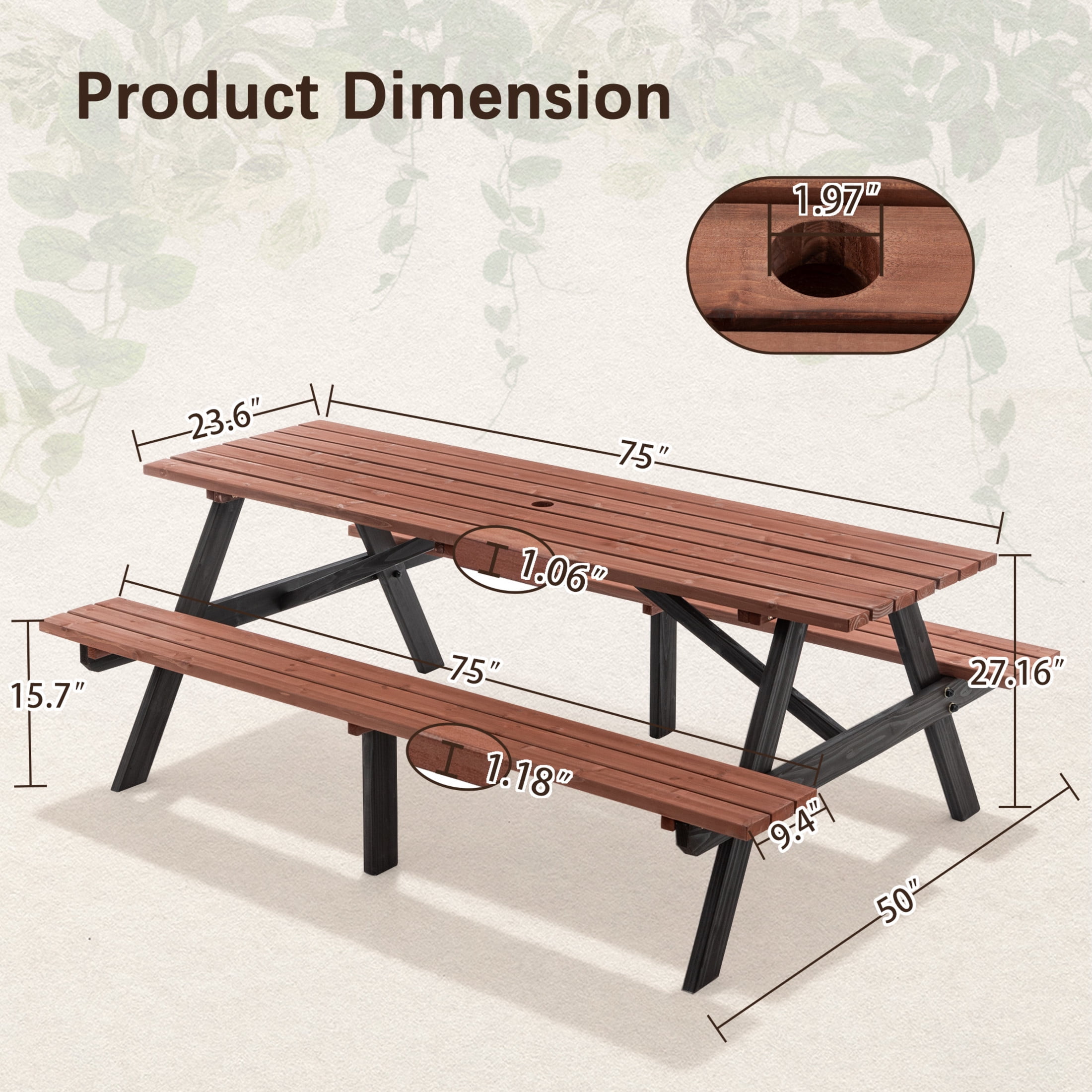 Noble House Arboris 8-Seat Outdoor Fir Wood Picnic Set, Heavy-Duty Patio Picnic Table with Built-in Benches, Brown