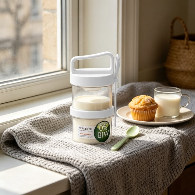 Vaso de plástico portátil para desayuno con cuchara | Envase para cereales, yogur y leche | Recipiente de dos niveles a prueba de fugas para separar alimentos secos y húmedos