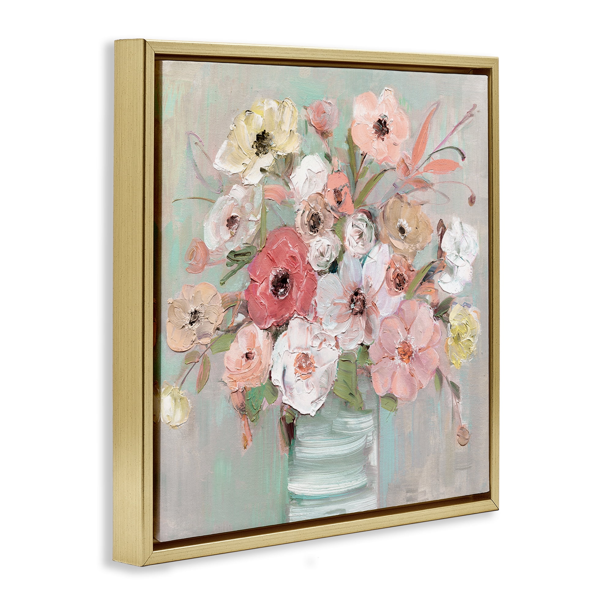 Stupell Industries Pastel Flower Forms Vase Gold Framed Floater Canvas Wall Art, design by Sally Swatland